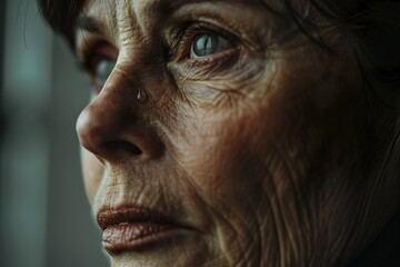 Obraz premium Close-up of a middle-aged woman's face with a single tear and dry skin,...