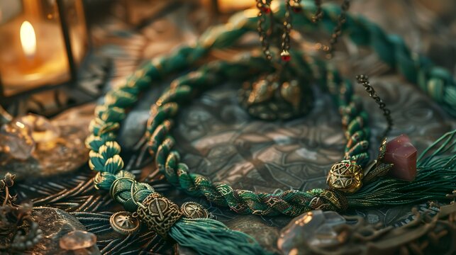Close-up of a Wiccan handfasting cord, braided and adorned with charms, lying...