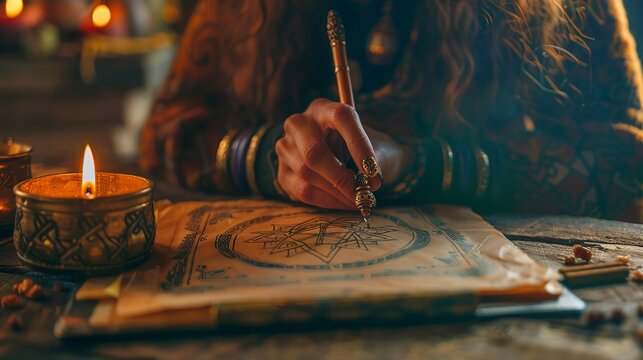 Close-up of a witch drawing a sigil on a piece of parchment during a...
