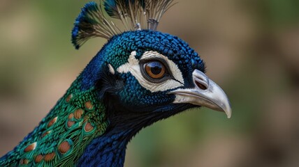 Obraz premium Close-up portrait of a male peacock's head, showcasing its vibrant blue feathers and iridescent eyes.