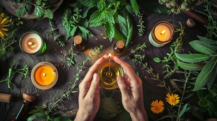 Close-up of hands anointing a candle with essential oil, surrounded by herbs...