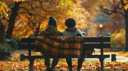 Couple sharing a blanket on a park bench, sipping hot drinks and watching the...