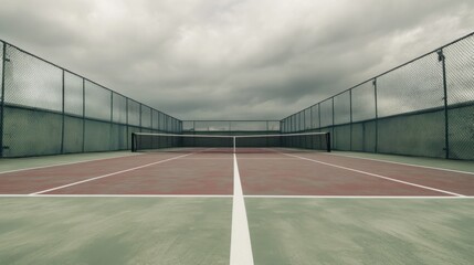 Fototapeta premium A tennis court's doubles alley with focus on the painted lines and court texture, outdoor setting with overcast sky, Subdued style