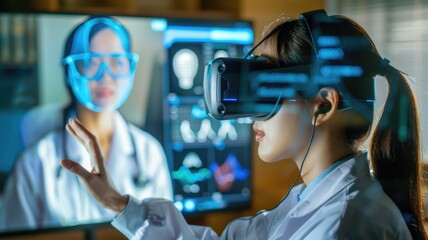 Futuristic healthcare: doctor uses virtual reality and ai for medical diagnostics in lab