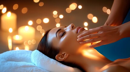 performing a head and neck massage on a client lying on a soft towel. The person receiving the massage has a relaxed expression,