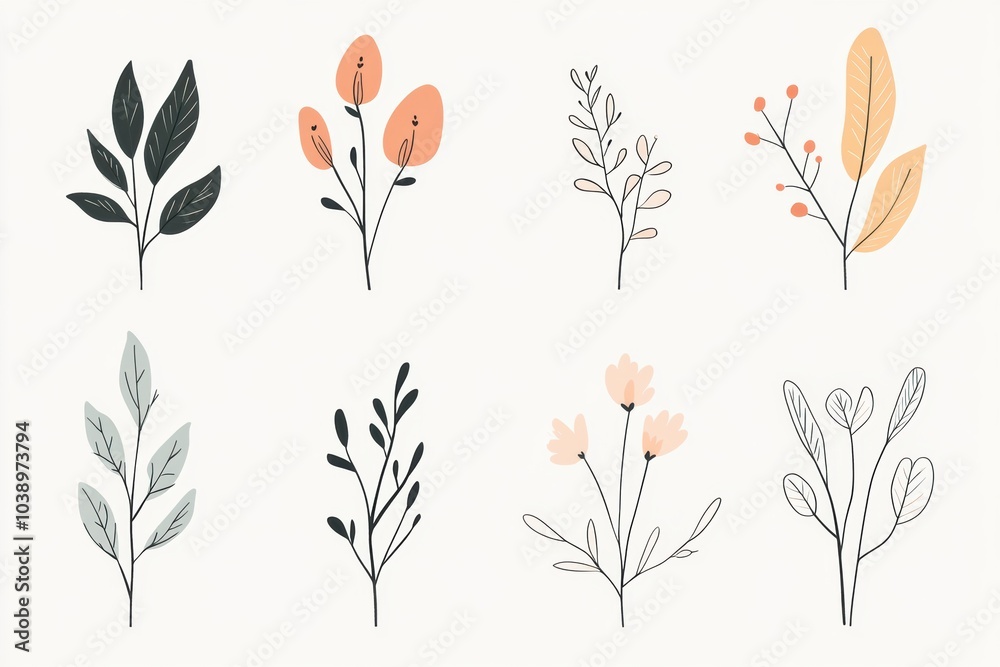 Poster a collection of minimalist doodles featuring various leaves and flowers in soft colors, highlighting