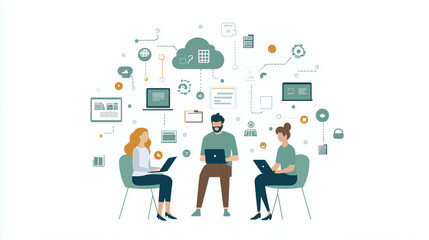 Fototapeta premium Minimalist illustration of remote professionals connected via cloud technology, highlighting digital collaboration, modern communication, and virtual teamwork for business efficiency.