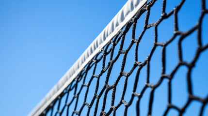 A tennis court's net and net tape, outdoor court with clear sky, Sharp style