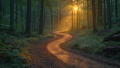 Obraz premium A Sunlit Path Winding Through a Lush Forest