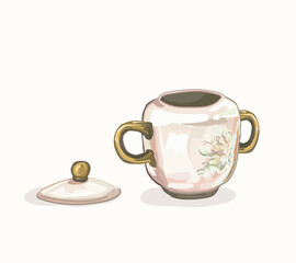 pink ceramic vessel sugar container old style illustration on white bakground