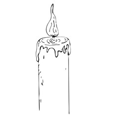 Burning candle. Black outlines, white background. Hand drawn vector illustration. Cozy hygge style. Winter mood. Merry Christmas. Happy New Year. Holy communion