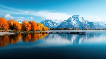 Obraz premium Water surrounded by mountains with dock in foreground and orange-leafed trees in background