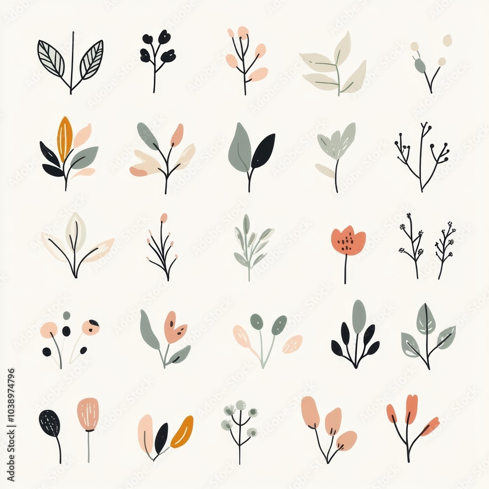 Poster A collection of minimalist doodles featuring diverse nature elements like flowers and leaves, arranged in a visually pleasing pattern. Generative AI