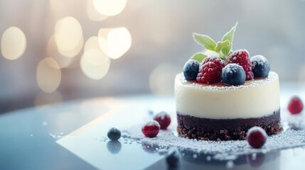 A delicious-looking mini dessert featuring a creamy white filling, a chocolate base, and topped with fresh berries and a sprig of mint.