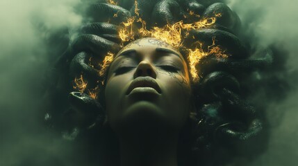 A striking portrayal of Medusa with burning snakes for hair, evoking a powerful, mythological image of fiery intensity and ancient mysticism, Generative Ai