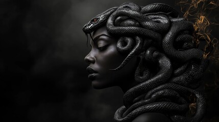 A dark and fierce portrayal of Medusa, with serpents for hair, capturing the mythical and mysterious essence of this powerful ancient figure, Generative Ai