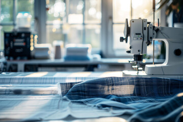Fototapeta premium Textile studio with eco-friendly fabric and sewing machine, sunlight streaming through windows