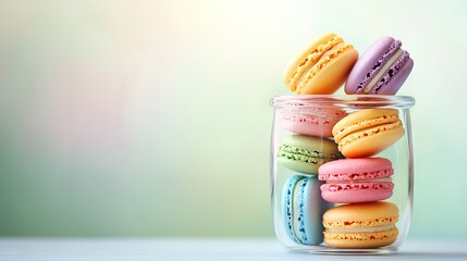 Fototapeta premium A vibrant jar of macaroons on a white table against a green blurred backdrop