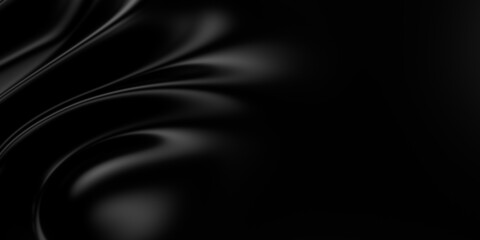 3d soft black waves background. Dark silk crumples. Elegant minimalistic satin ripples backdrop. 3d render illustration