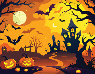 Spooky Halloween Night Scene with Haunted Mansion