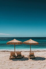 Relaxing beach setting with straw umbrellas and deck chairs by the calm ocean shoreline