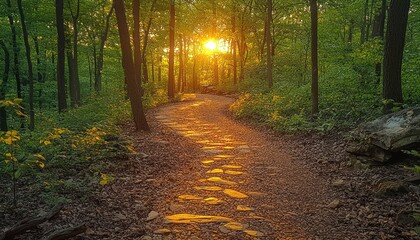 Obraz premium A Stone Path Through a Sun-Drenched Forest