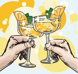 two hands holding mimosa cheers summer vibes drink orange juice and champagne vector illustration celebration