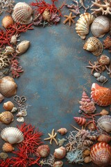 Obraz premium A beautiful arrangement of seashells and coral with a textured blue background