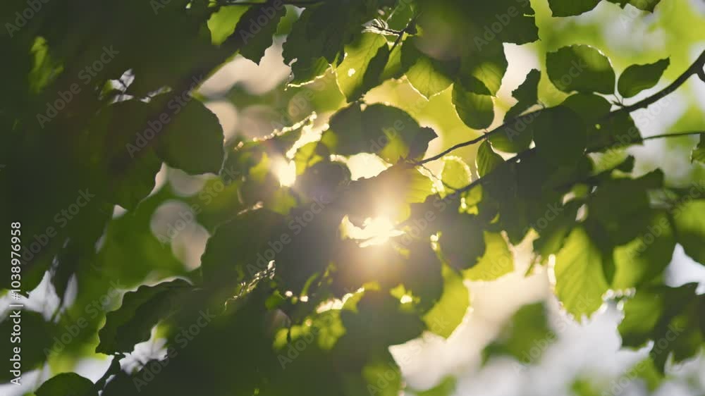 Poster sunlight streaming through vibrant green leaves swaying gently in warm breeze on sunny day. sunlight