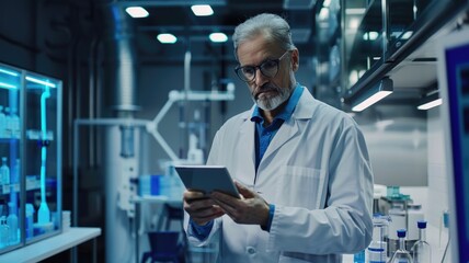 Scientist analyzing data on tablet in laboratory setting for research and innovation