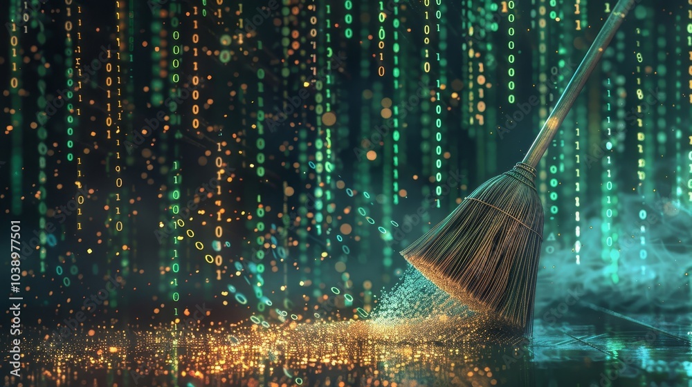 Wall mural vibrant digital scene depicting a broom sweeping away binary code for cybersecurity data cleansing