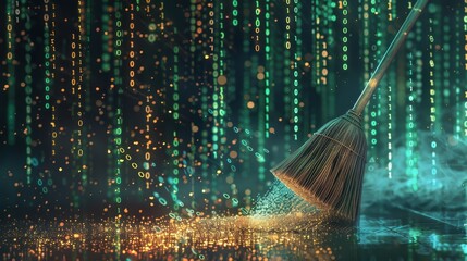 Vibrant digital scene depicting a broom sweeping away binary code for cybersecurity data cleansing