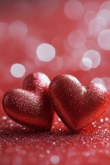 Fototapeta premium Shiny red hearts on a sparkling background during a festive celebration of love