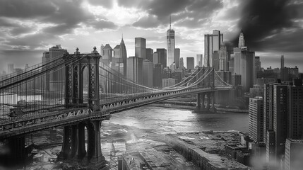 Fototapeta premium A stunning black-and-white view of the Brooklyn Bridge at night, with the illuminated Manhattan skyline in the background, reflecting over the river, Generative Ai