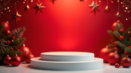 New Year's podium surrounded by festive decor, red ornaments and glowing lights, on a bright red background.