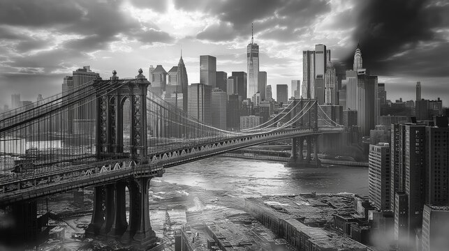 Fototapeta A stunning black-and-white view of the Brooklyn Bridge at night, with the illuminated Manhattan skyline in the background, reflecting over the river, Generative Ai