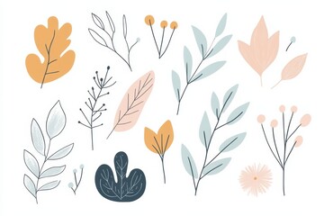 A collection of charming, minimalist doodles showcasing various leaves and flowers in soft pastel colors, celebrating nature's elegance. Generative AI