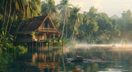 Obraz premium tropical house, serene lake, lush greenery, peaceful retreat, nature escape, morning mist, harmonious environment, sandy shores, rustic architecture, tranquil waters, vibrant foliage, idyllic setting