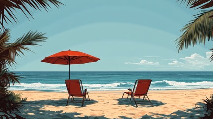 Obraz premium Relaxing beach chairs under an umbrella by the serene ocean on a sunny day