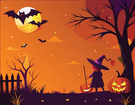 Halloween Night Witch TrickorTreating With Pumpkins