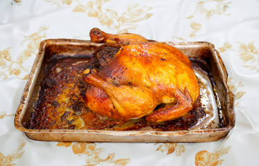 Rustic roast chicken stuffed with farofa