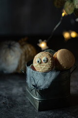 Funny spooky french macarons beige with eyes on dark background with spiders and spider net