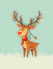 Naklejka premium Whimsical Christmas Card for children with Cute Reindeer and copy space