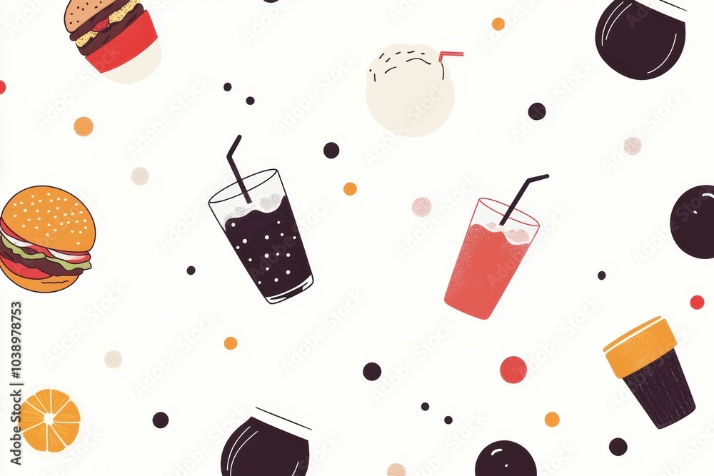 Poster colorful drinks and burgers are artistically arranged on a light backdrop, creating a playful and in