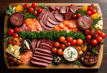 Fototapeta premium artistic display colorful flavorful meat platter arrangements featuring diverse cuts complementary ingredients visual appeal, appetizer, barbecue, beef