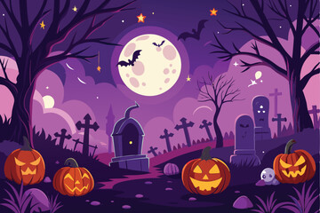Fototapeta premium Spooky Halloween Night Graveyard with Pumpkins