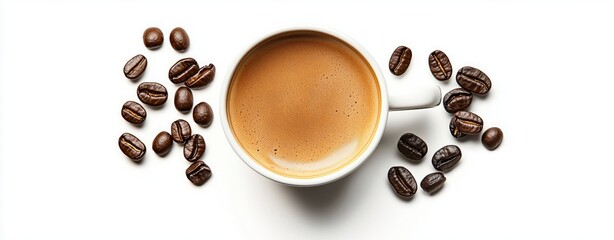 Overhead view of frothy espresso cup surrounded by coffee beans on white background, aromatic