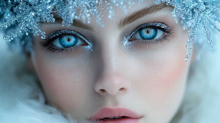 Winter Queen fashion model Beautiful woman in white and silver snowflake costume	