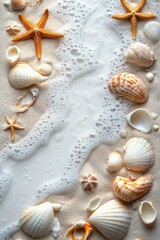 Seashells and starfish along the sandy shore with gentle waves at the beach