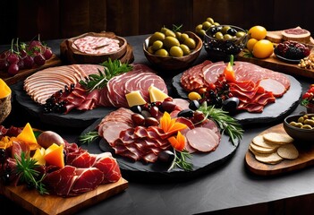 colorful vibrant meat arrangements artistically displayed slate platters perfect gourmet presentations culinary, charcuterie, board, appetizing, decoration